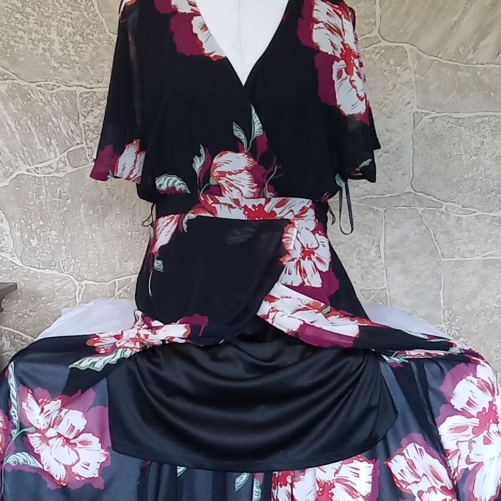 Luxology Black Maxi Dress with Pink and White Floral Print
